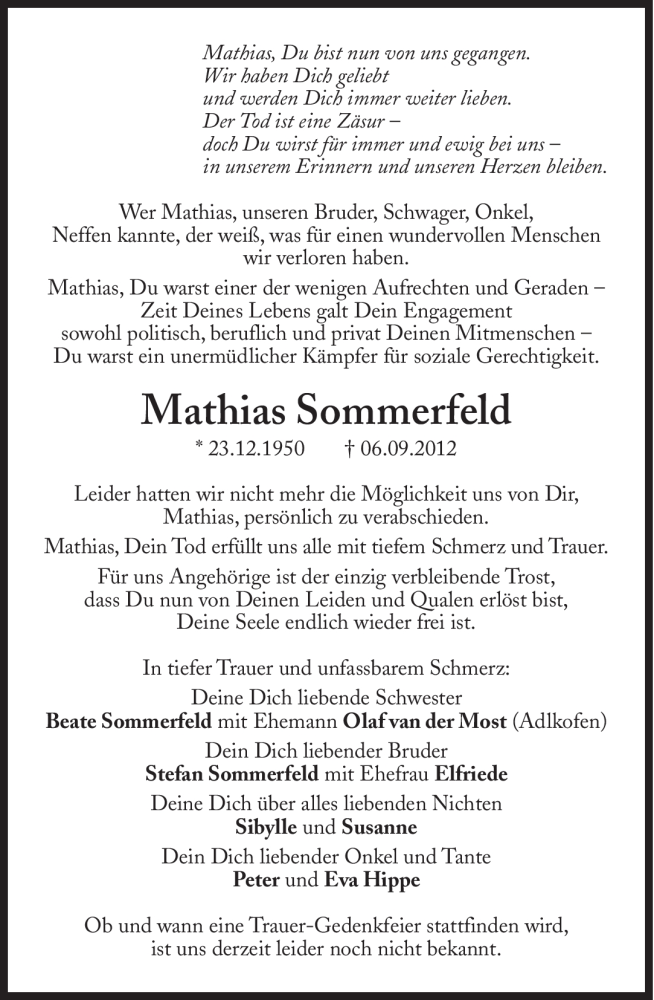  Traueranzeige für Mathias Sommerfeld vom 10.09.2012 aus Süddeutsche Zeitung
