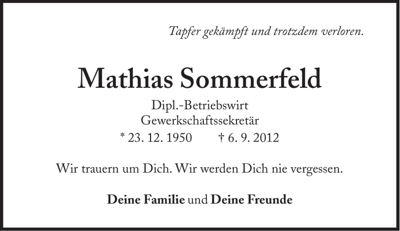 Traueranzeige für Mathias Sommerfeld vom 15.09.2012 aus Süddeutsche Zeitung