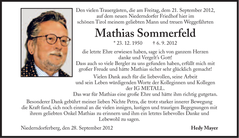  Traueranzeige für Mathias Sommerfeld vom 29.09.2012 aus Süddeutsche Zeitung