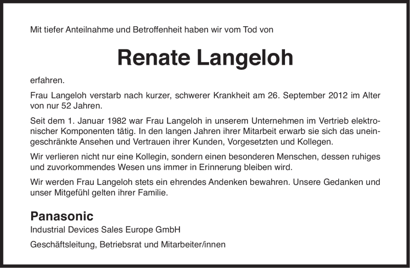  Traueranzeige für Renate Langeloh vom 06.10.2012 aus Süddeutsche Zeitung
