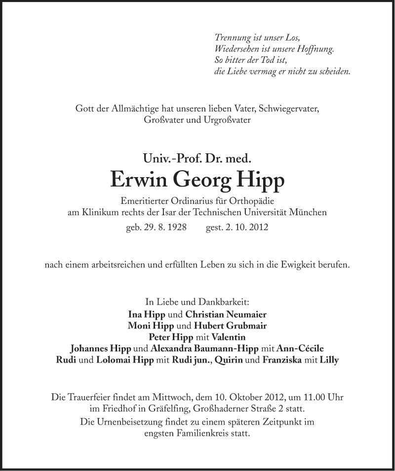  Traueranzeige für Erwin Georg Hipp vom 06.10.2012 aus Süddeutsche Zeitung