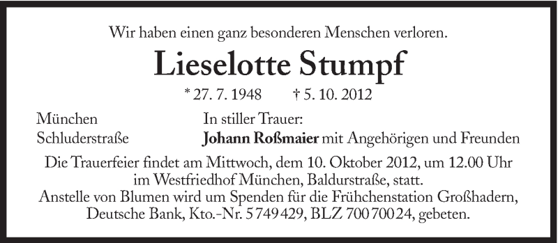  Traueranzeige für Lieselotte Stumpf vom 09.10.2012 aus Süddeutsche Zeitung