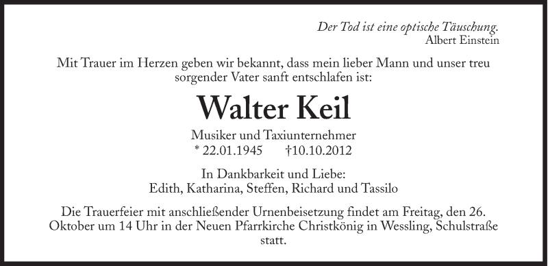  Traueranzeige für Walter Keil vom 22.10.2012 aus Süddeutsche Zeitung