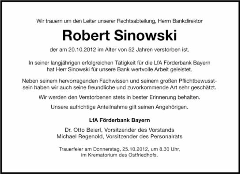  Traueranzeige für Robert Sinowski vom 24.10.2012 aus Süddeutsche Zeitung