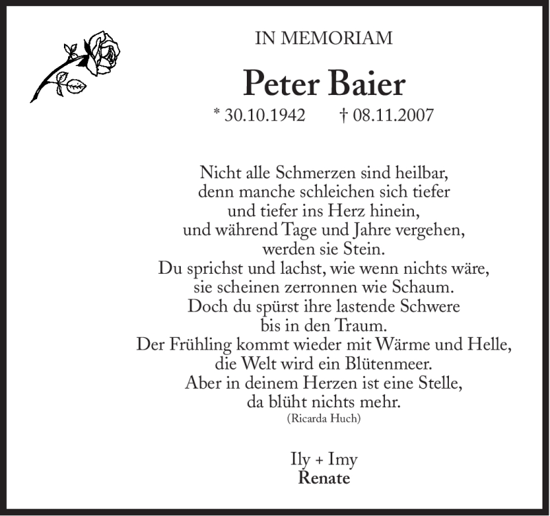  Traueranzeige für Peter Baier vom 08.11.2012 aus Süddeutsche Zeitung