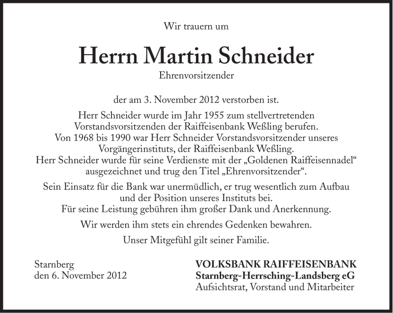  Traueranzeige für Martin Schneider vom 06.11.2012 aus Süddeutsche Zeitung