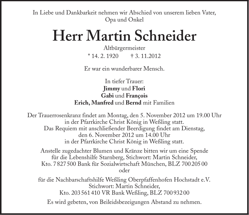  Traueranzeige für Martin Schneider vom 05.11.2012 aus Süddeutsche Zeitung