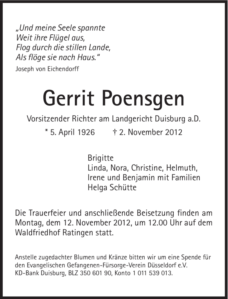  Traueranzeige für Gerrit Poensgen vom 07.11.2012 aus Süddeutsche Zeitung