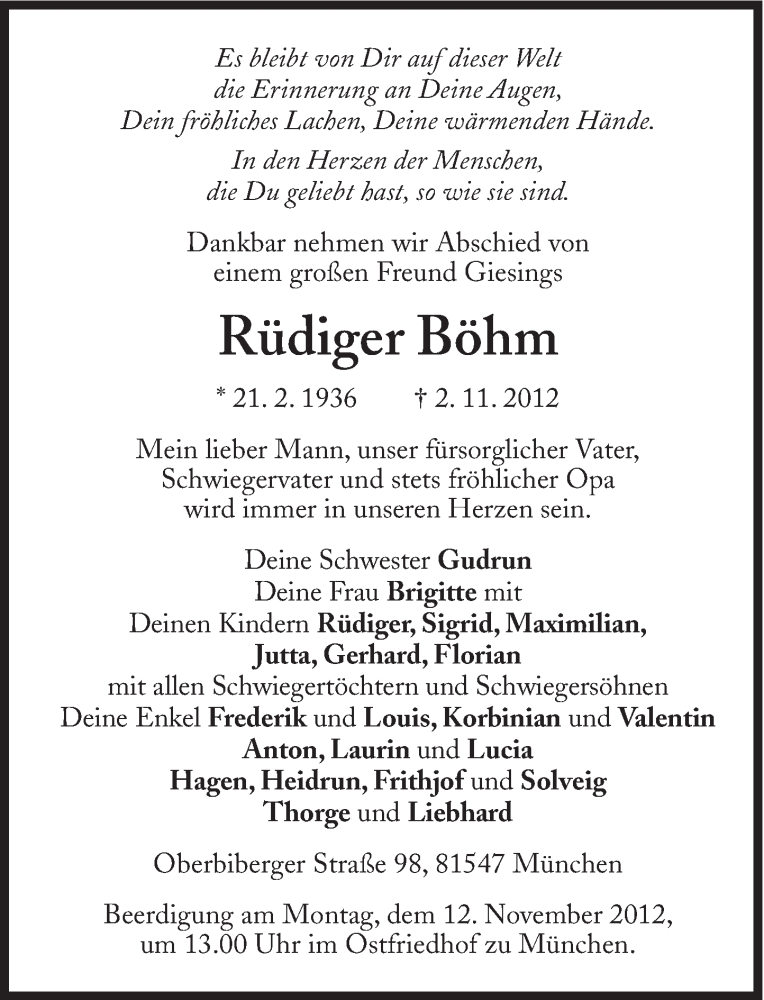  Traueranzeige für Rüdiger Böhm vom 09.11.2012 aus Süddeutsche Zeitung
