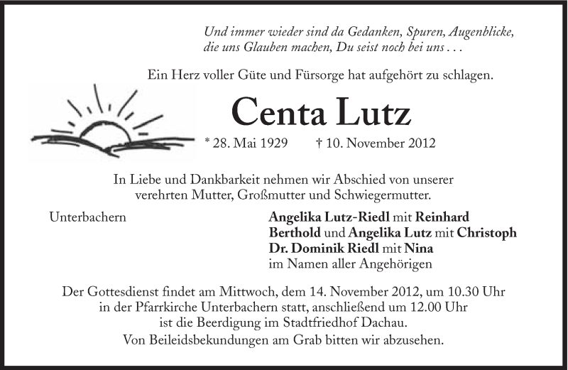 Traueranzeigen Von Centa Lutz SZ Gedenken De