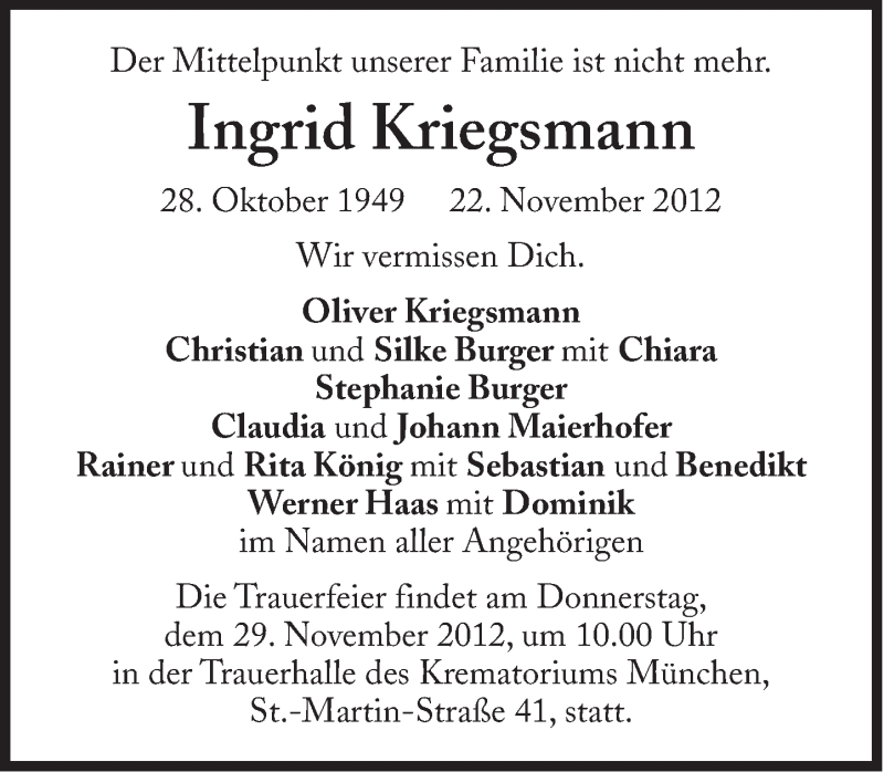 Traueranzeige für Ingrid Kriegsmann vom 26.11.2012 aus Süddeutsche Zeitung
