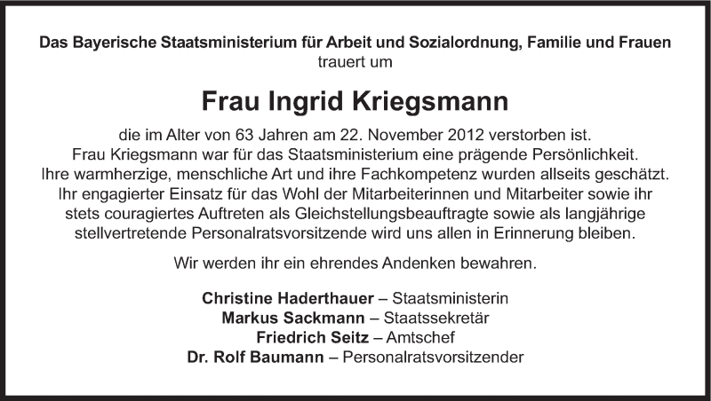  Traueranzeige für Ingrid Kriegsmann vom 29.11.2012 aus Süddeutsche Zeitung