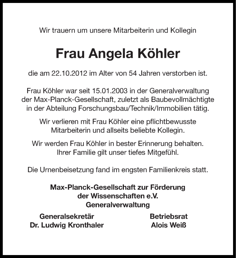 Traueranzeigen Von Angela K Hler Sz Gedenken De