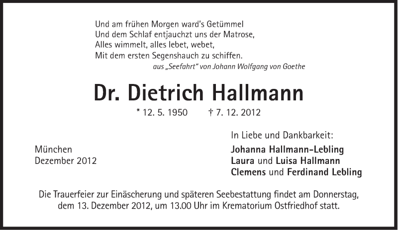  Traueranzeige für Dietrich Hallmann vom 11.12.2012 aus Süddeutsche Zeitung