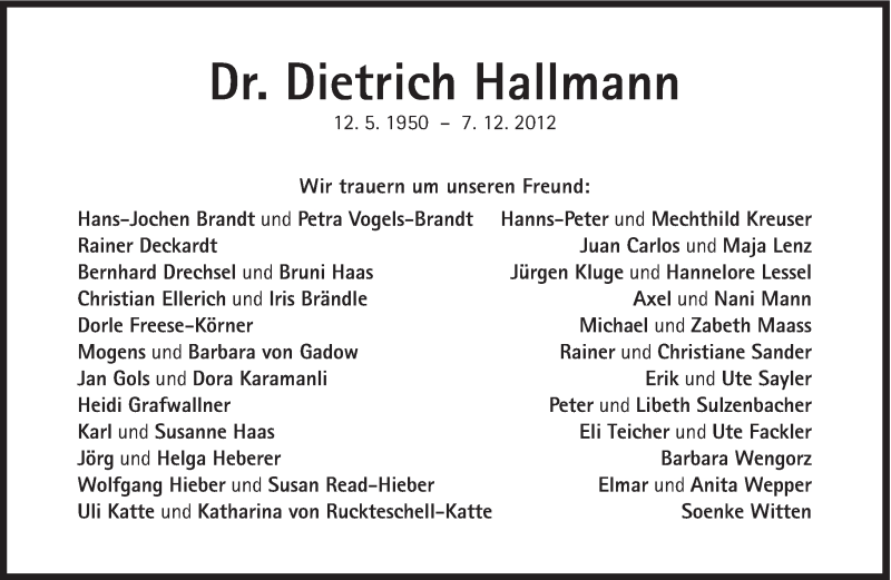  Traueranzeige für Dietrich Hallmann vom 15.12.2012 aus Süddeutsche Zeitung