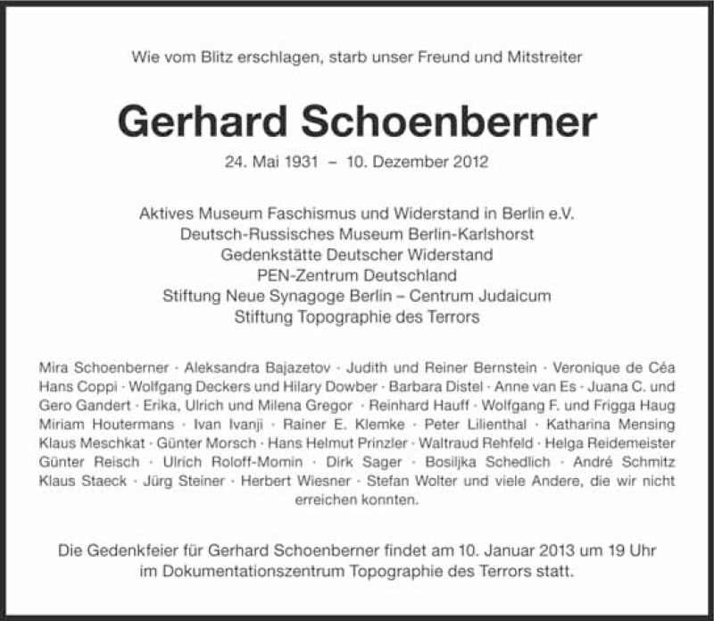 Traueranzeige für Gerhard Schoenberner vom 15.12.2012 aus Süddeutsche Zeitung