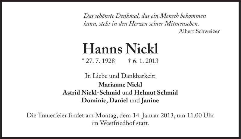  Traueranzeige für Hanns Nickl vom 09.01.2013 aus Süddeutsche Zeitung
