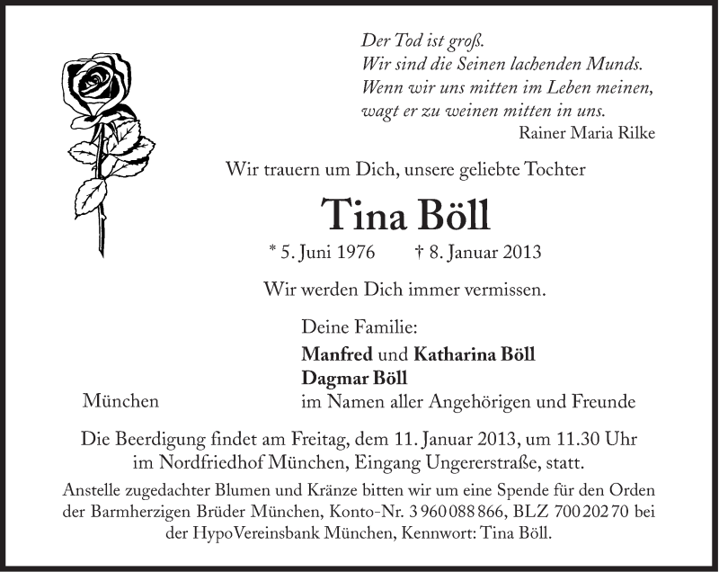  Traueranzeige für Tina Böll vom 10.01.2013 aus Süddeutsche Zeitung