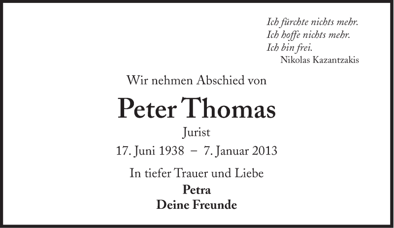 Traueranzeigen Von Peter Thomas SZ Gedenken De