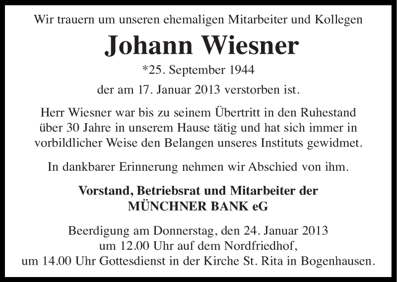  Traueranzeige für Johann Wiesner vom 22.01.2013 aus Süddeutsche Zeitung