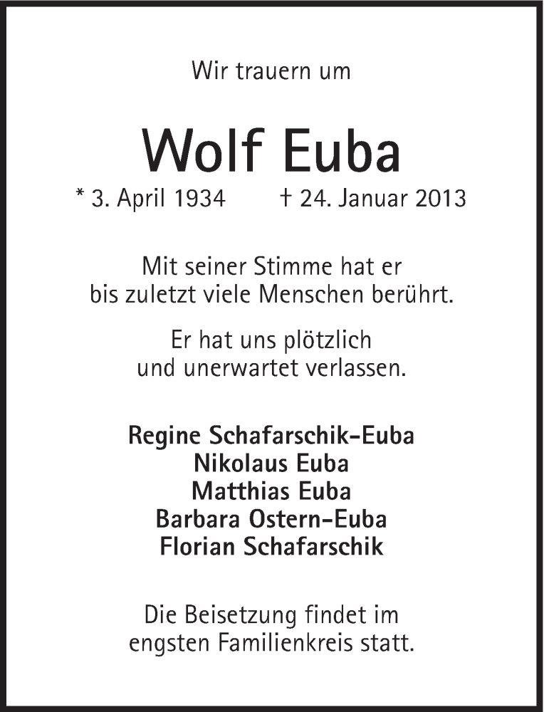  Traueranzeige für Wolf Euba vom 30.01.2013 aus Süddeutsche Zeitung