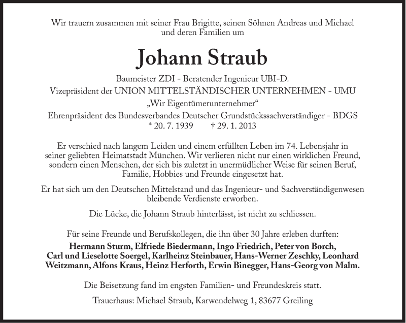 Traueranzeigen Von Johann Straub Sz Gedenken De