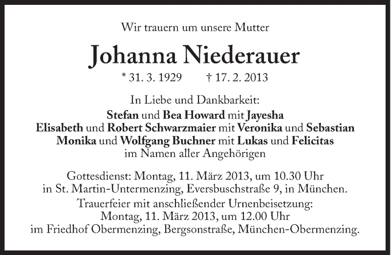  Traueranzeige für Johanna Niederauer vom 02.03.2013 aus Süddeutsche Zeitung