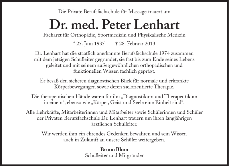  Traueranzeige für Peter Lenhart vom 16.03.2013 aus Süddeutsche Zeitung