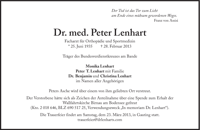 Traueranzeige für Peter Lenhart vom 16.03.2013 aus Süddeutsche Zeitung