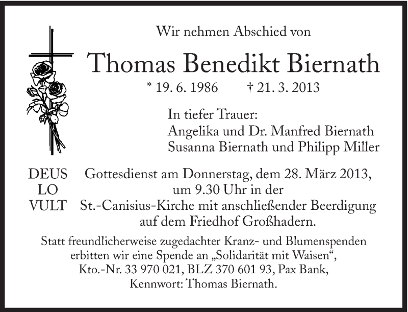  Traueranzeige für Thomas Benedikt  Biernath vom 27.03.2013 aus Süddeutsche Zeitung