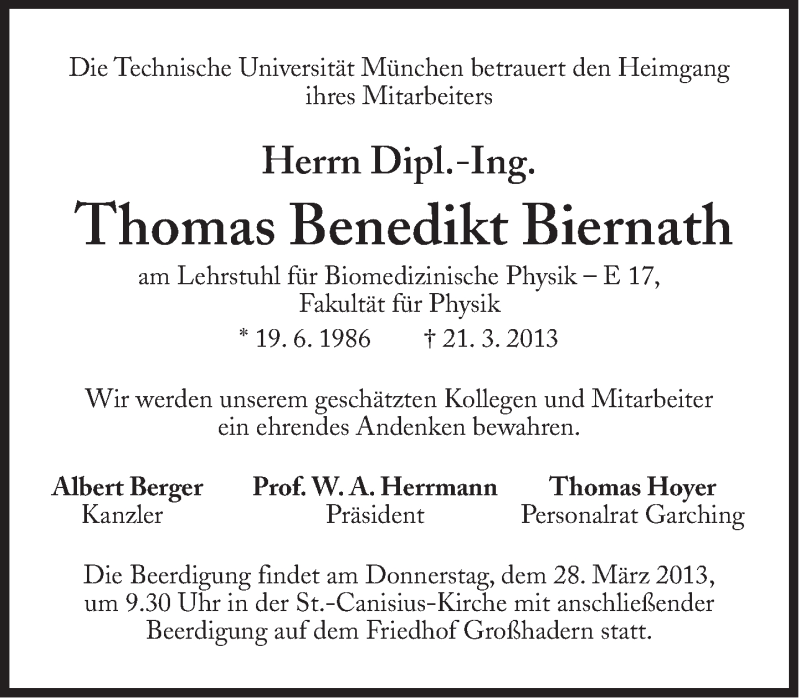  Traueranzeige für Thomas Benedikt  Biernath vom 27.03.2013 aus Süddeutsche Zeitung