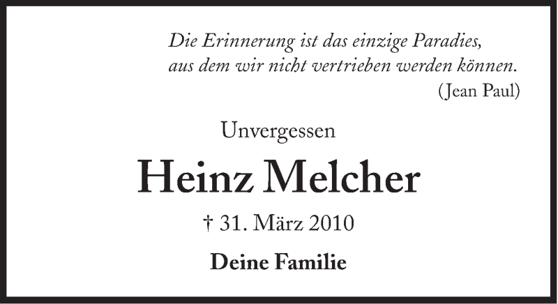  Traueranzeige für Heinz Melcher vom 30.03.2013 aus Süddeutsche Zeitung