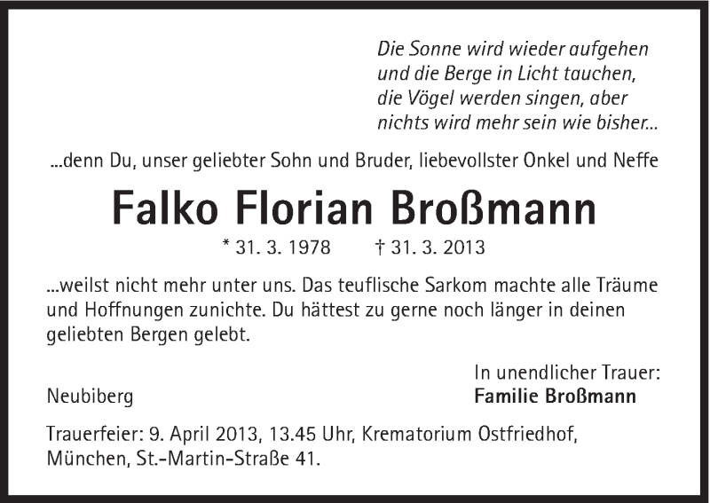  Traueranzeige für Falko Florian Broßmann vom 04.04.2013 aus Süddeutsche Zeitung