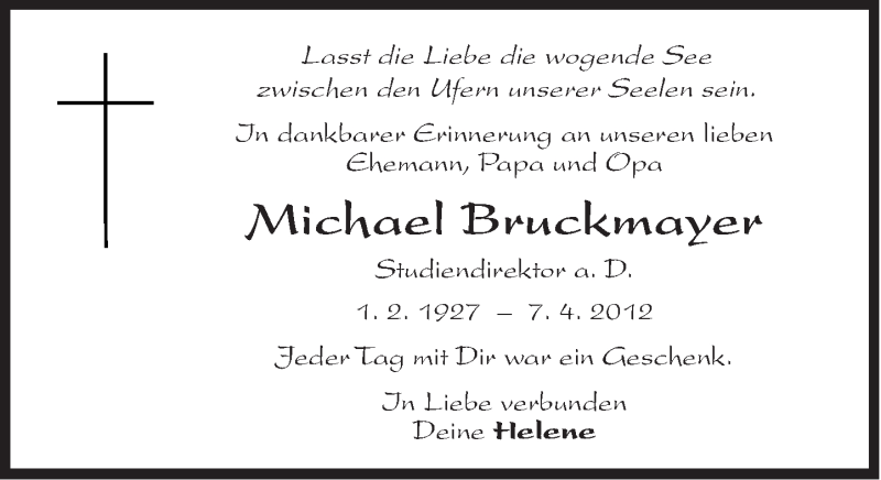  Traueranzeige für Michael Bruckmayer vom 06.04.2013 aus Süddeutsche Zeitung