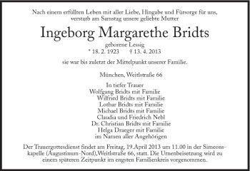 Traueranzeigen Von Ingeborg Margarethe Bridts SZ Gedenken De