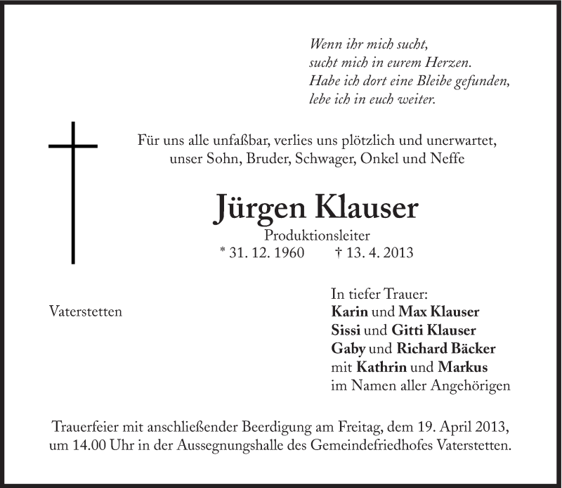  Traueranzeige für Jürgen Klauser vom 17.04.2013 aus Süddeutsche Zeitung