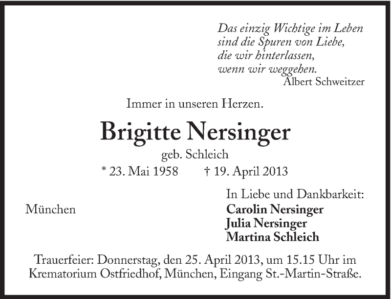  Traueranzeige für Brigitte Nersinger vom 24.04.2013 aus Süddeutsche Zeitung