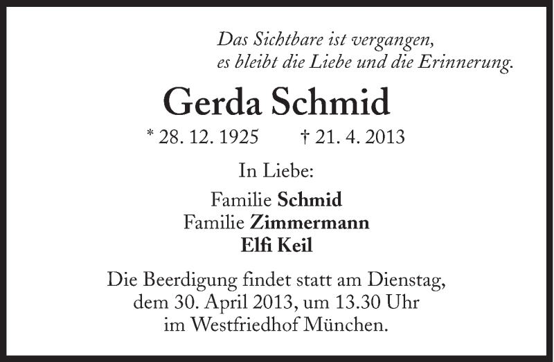 Traueranzeigen Von Gerda Schmid SZ Gedenken De