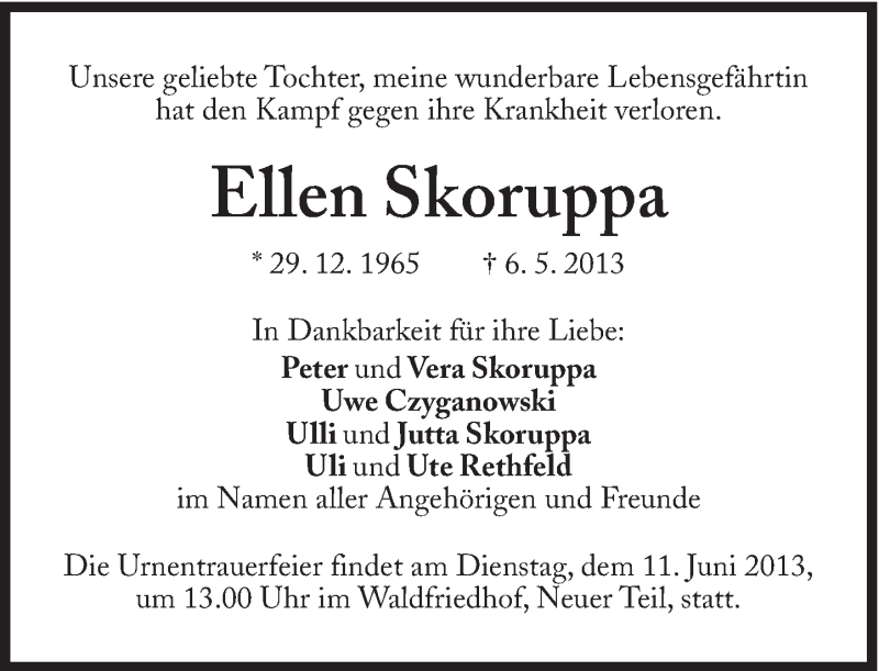  Traueranzeige für Ellen Skoruppa vom 11.05.2013 aus Süddeutsche Zeitung