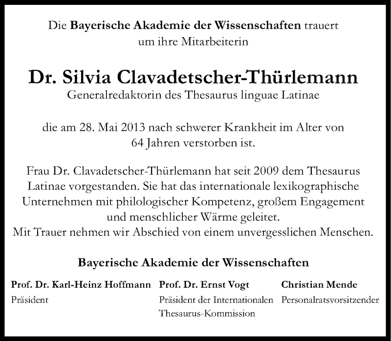  Traueranzeige für Silvia Clavadetscher vom 01.06.2013 aus Süddeutsche Zeitung