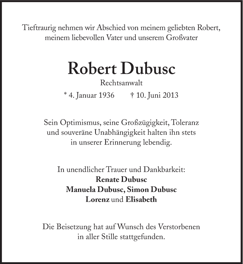  Traueranzeige für Robert Dubusc vom 17.06.2013 aus Süddeutsche Zeitung