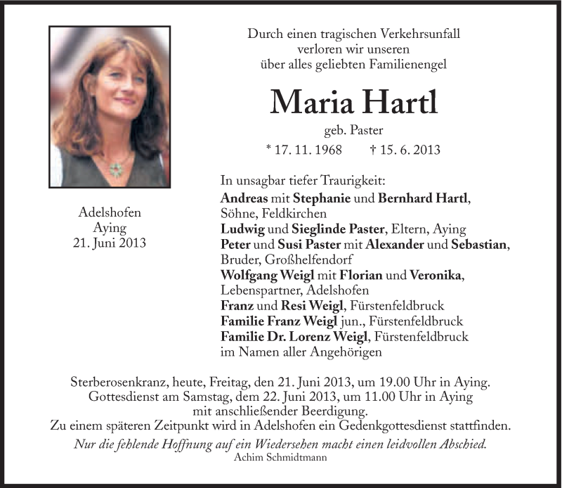  Traueranzeige für Maria Hartl vom 21.06.2013 aus Süddeutsche Zeitung