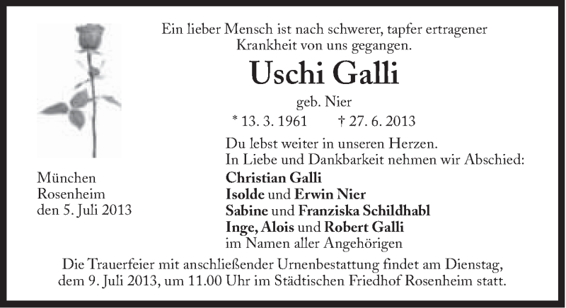  Traueranzeige für Uschi Galli vom 05.07.2013 aus Süddeutsche Zeitung