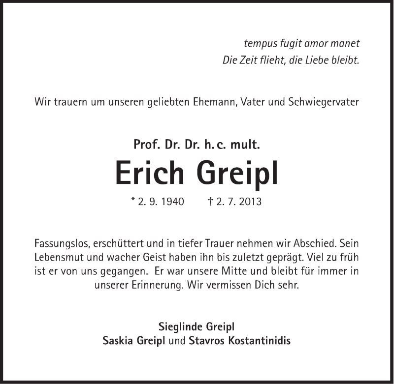  Traueranzeige für Erich Greipl vom 04.07.2013 aus Süddeutsche Zeitung