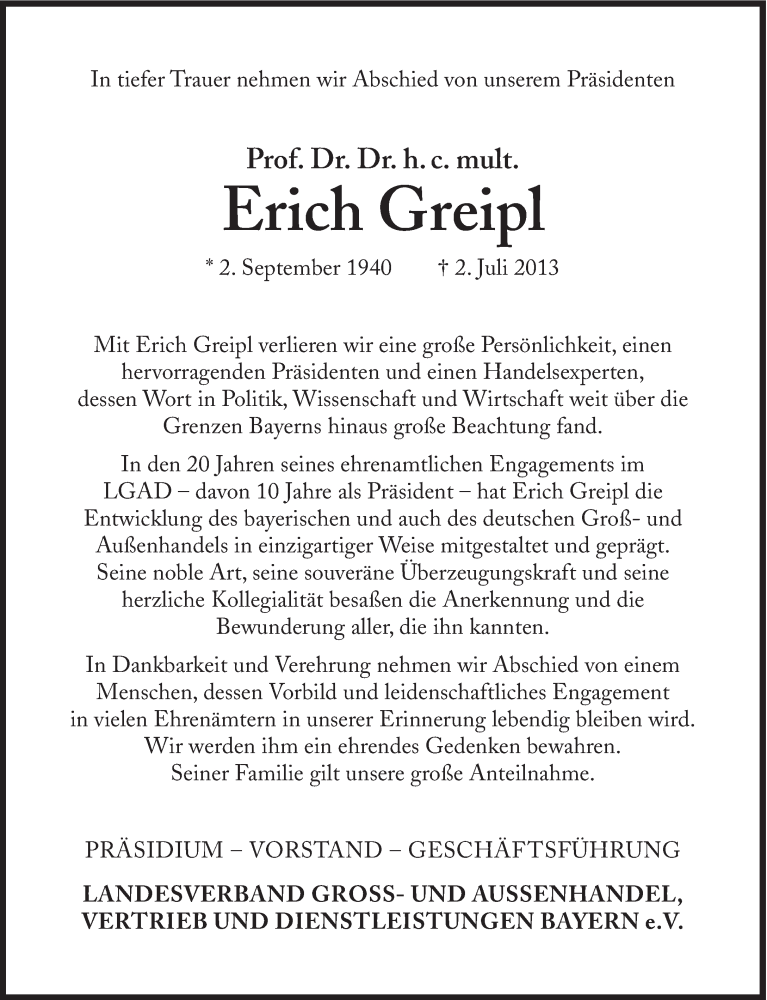  Traueranzeige für Erich Greipl vom 05.07.2013 aus Süddeutsche Zeitung