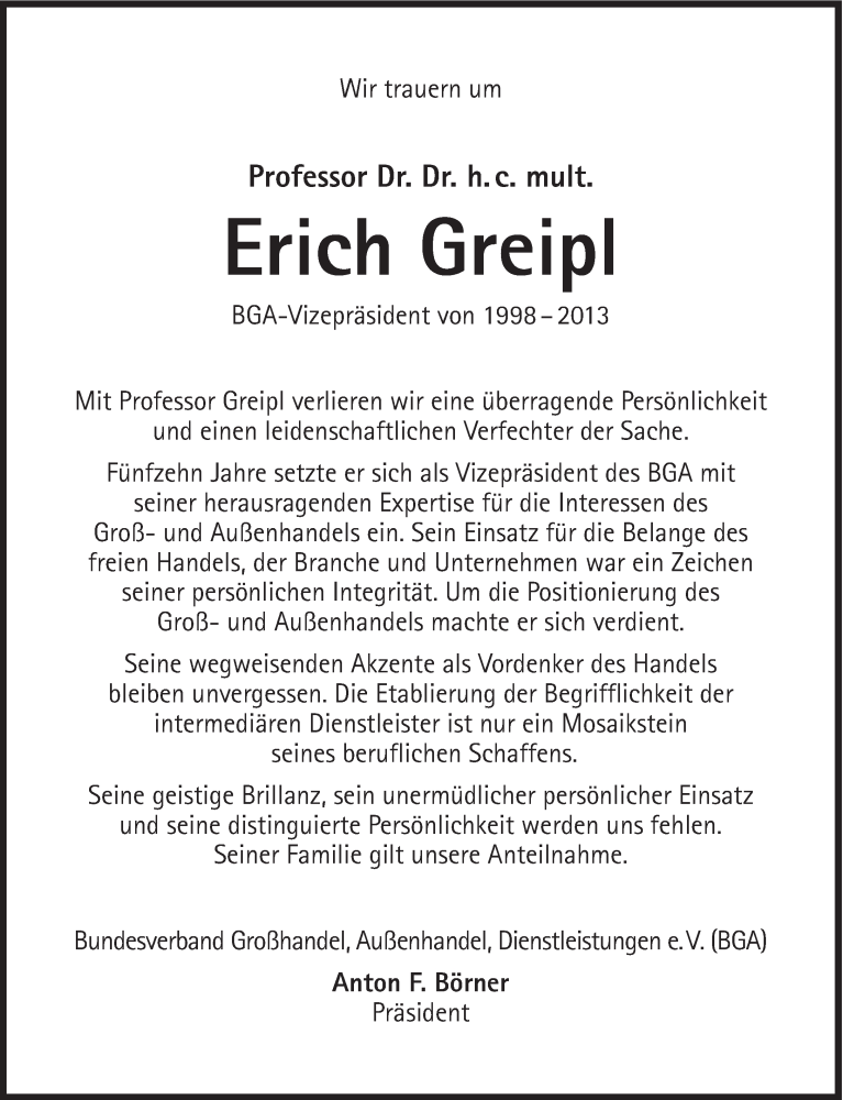  Traueranzeige für Erich Greipl vom 06.07.2013 aus Süddeutsche Zeitung