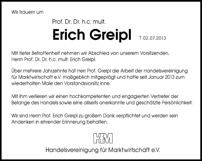  Traueranzeige für Erich Greipl vom 09.07.2013 aus Süddeutsche Zeitung