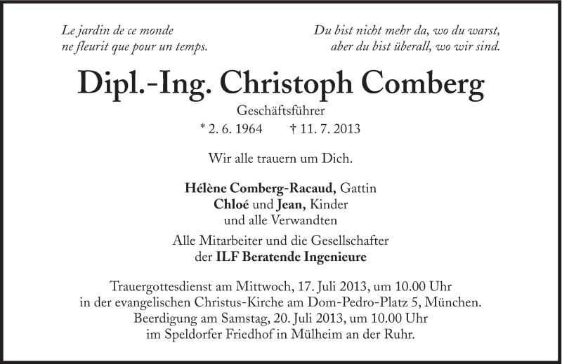  Traueranzeige für Christoph Comberg vom 16.07.2013 aus Süddeutsche Zeitung