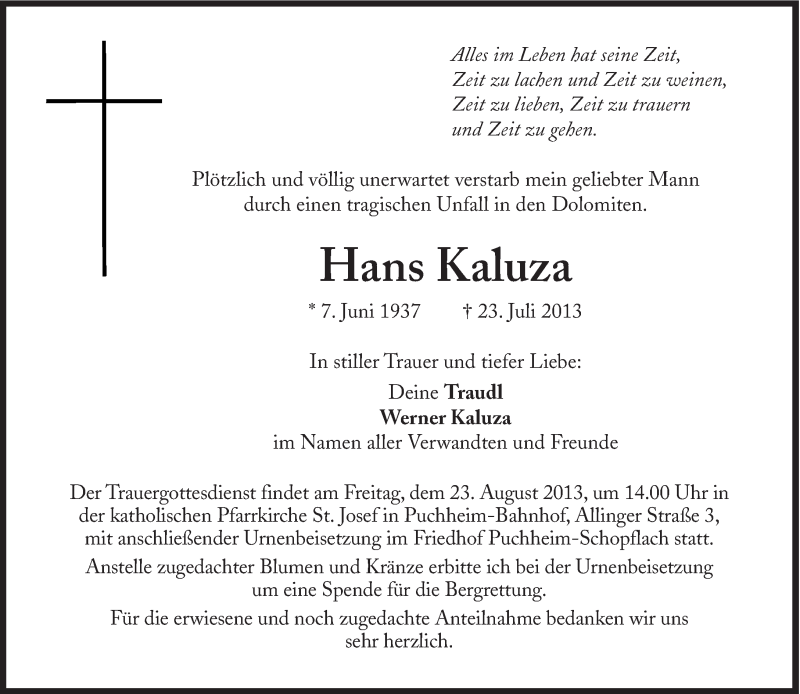  Traueranzeige für Hans Kaluza vom 21.08.2013 aus Süddeutsche Zeitung