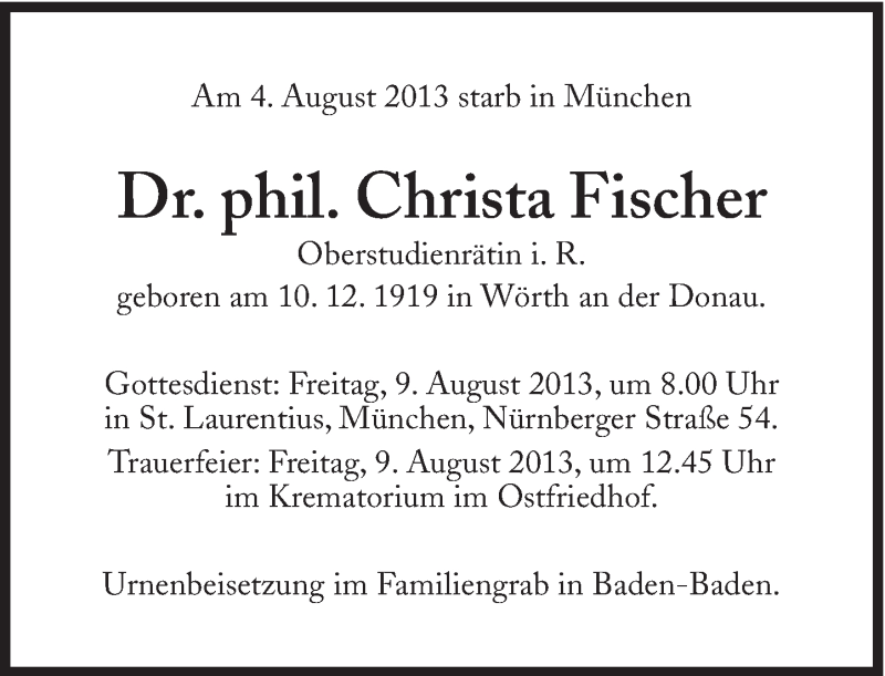 Traueranzeigen Von Christa Fischer SZ Gedenken De